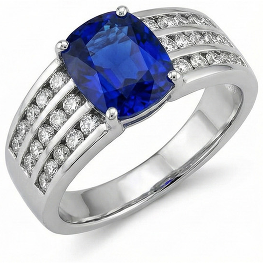 Sri Lanka Kissen Saphir mit Aus der Erde Abgebauter Natürlicher Diamanten Ring 3.50 Kt Gold Weiß 14K