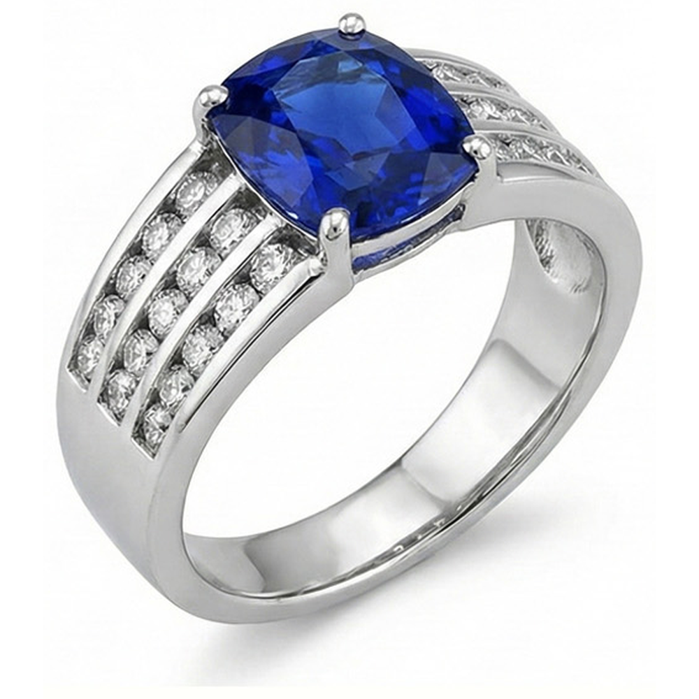 Sri Lanka Kissen Saphir mit Aus der Erde Abgebauter Natürlicher Diamanten Ring 3.50 Kt Gold Weiß 14K