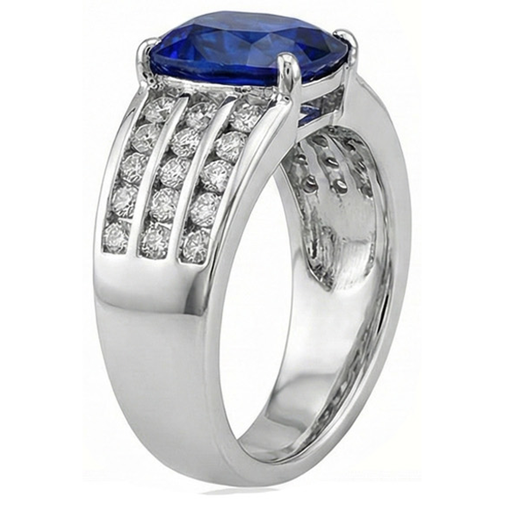 Sri Lanka Kissen Saphir mit Aus der Erde Abgebauter Natürlicher Diamanten Ring 3.50 Kt Gold Weiß 14K
