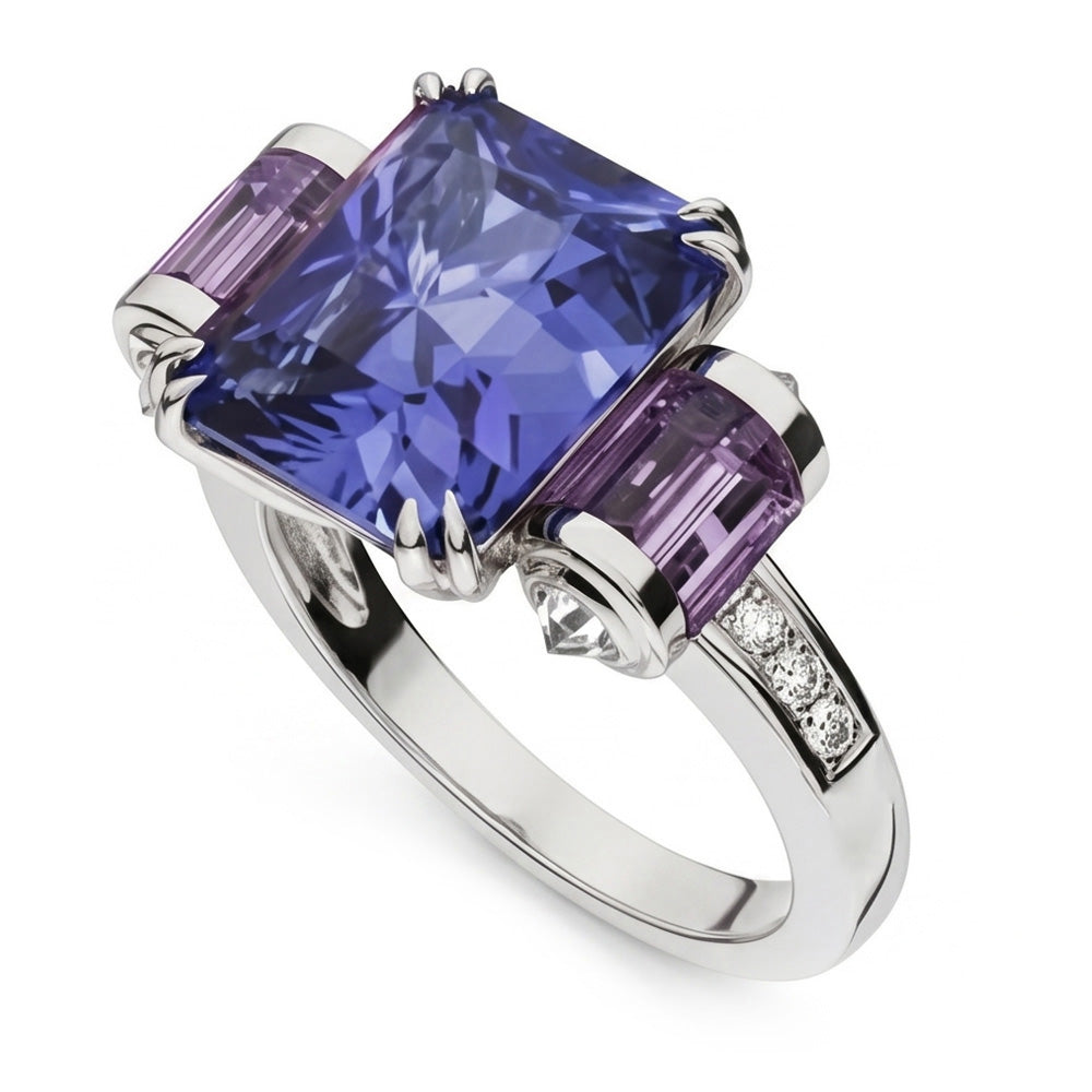 Sri Lanka Saphir Amethyst und Aus der Erde Abgebauter Natürlicher Diamanten 8 Karat Ring 14K Schmuck