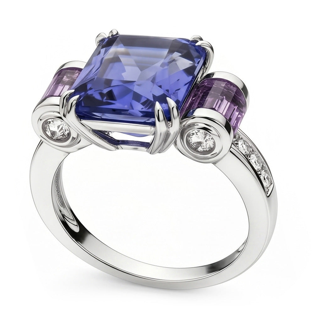 Sri Lanka Saphir Amethyst und Aus der Erde Abgebauter Natürlicher Diamanten 8 Karat Ring 14K Schmuck
