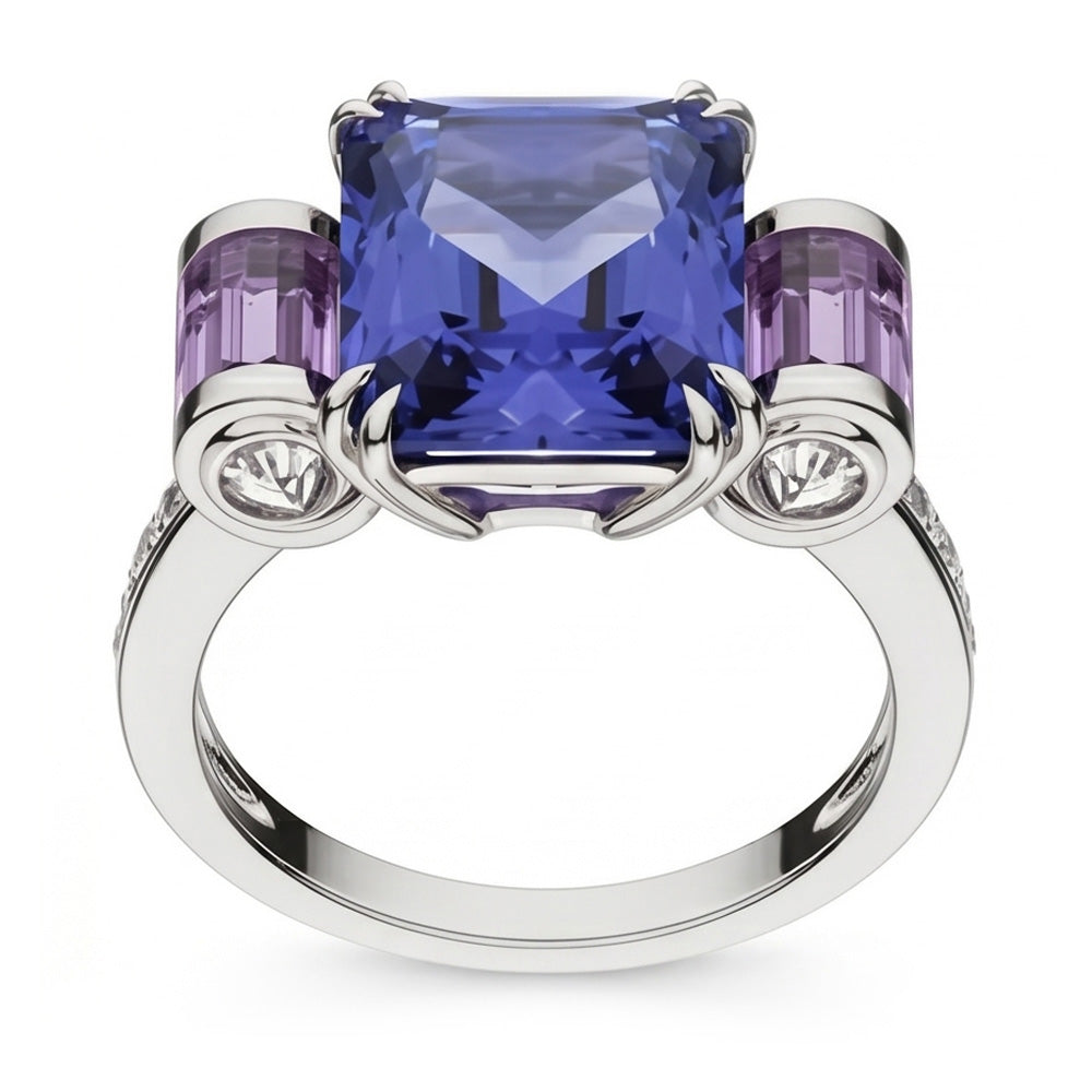 Sri Lanka Saphir Amethyst und Aus der Erde Abgebauter Natürlicher Diamanten 8 Karat Ring 14K Schmuck
