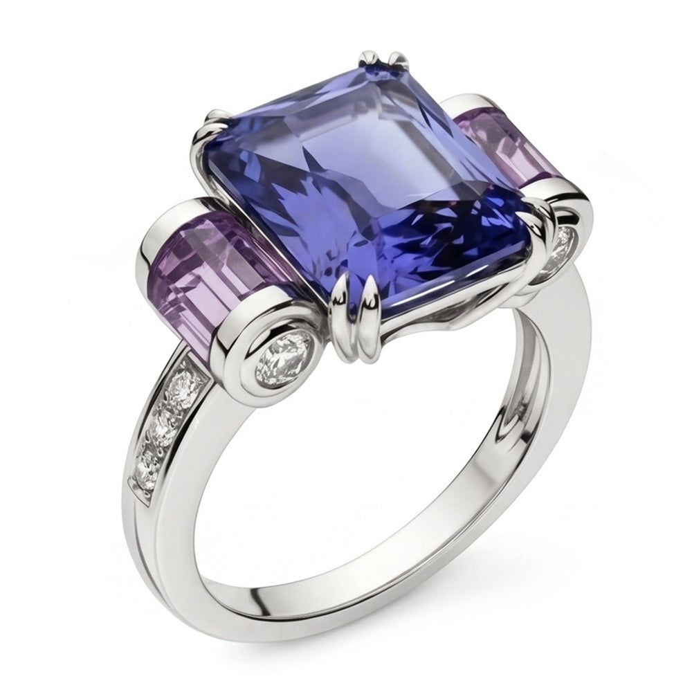Sri Lanka Saphir Amethyst und Aus der Erde Abgebauter Natürlicher Diamanten 8 Karat Ring 14K Schmuck