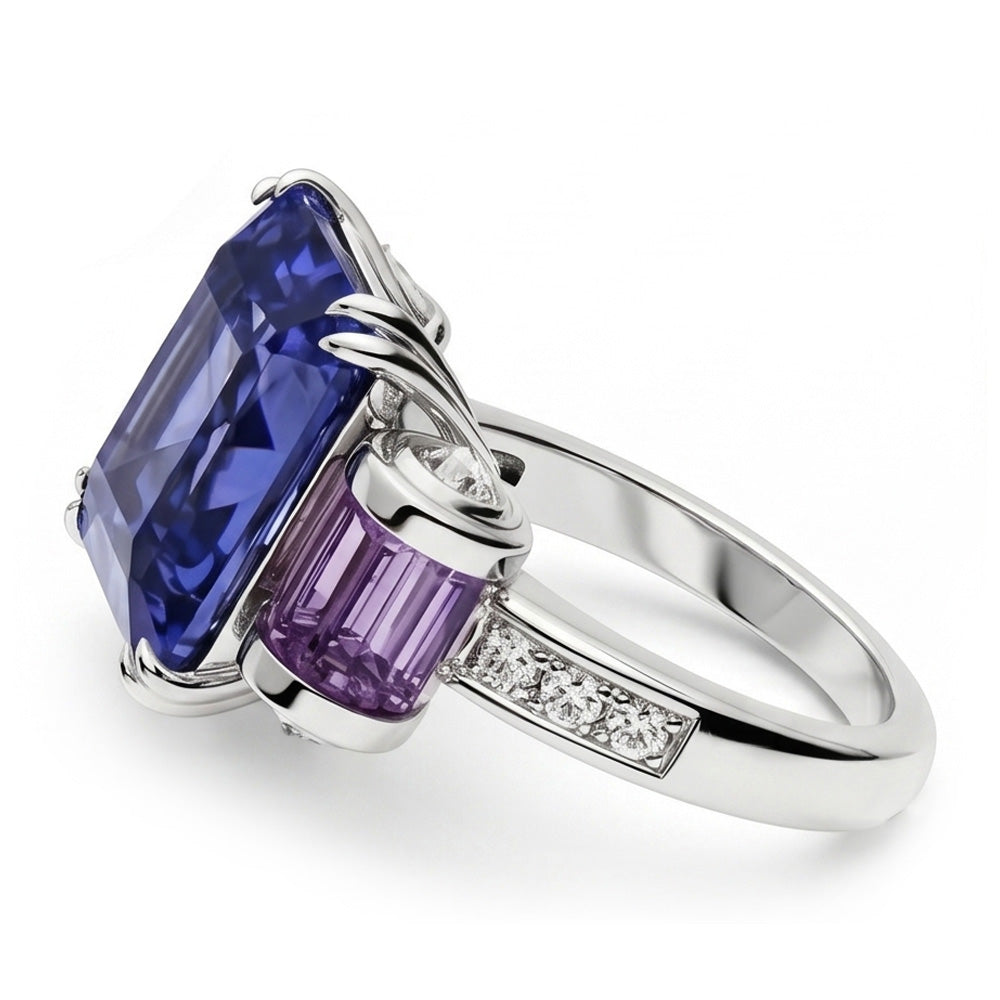 Sri Lanka Saphir Amethyst und Aus der Erde Abgebauter Natürlicher Diamanten 8 Karat Ring 14K Schmuck