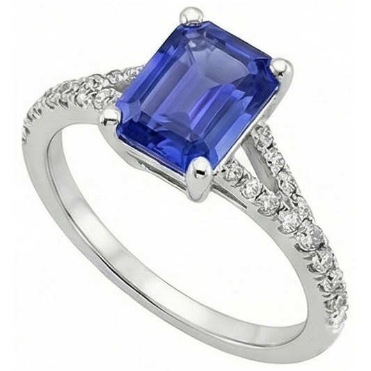 Sri Lanka Saphir & Aus der Erde Abgebauter Natürlicher Diamant 4 Karat Smaragd Solitär Ring mit Akzenten