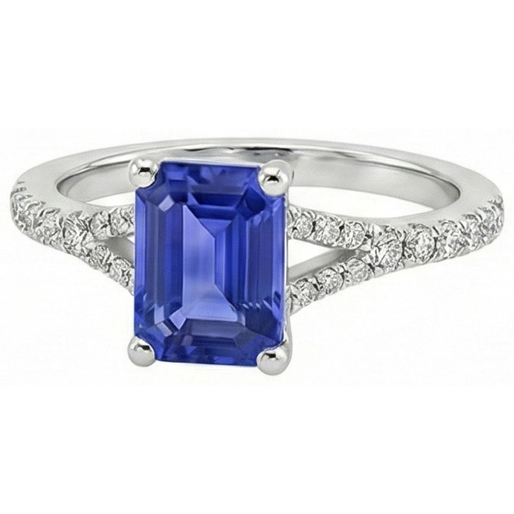 Sri Lanka Saphir & Aus der Erde Abgebauter Natürlicher Diamant 4 Karat Smaragd Solitär Ring mit Akzenten