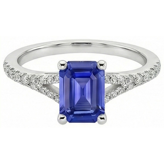 Sri Lanka Saphir & Aus der Erde Abgebauter Natürlicher Diamant 4 Karat Smaragd Solitär Ring mit Akzenten