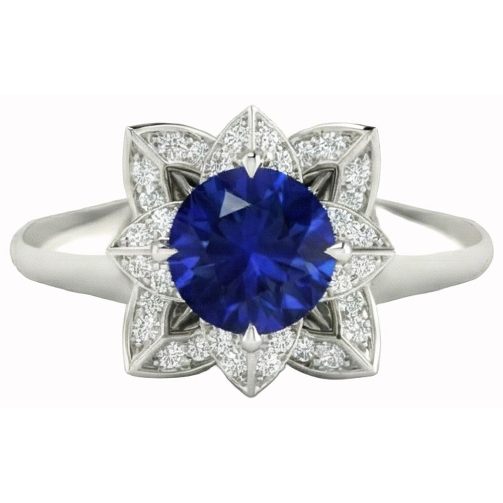 Sri Lanka Saphir & Aus der Erde Abgebauter Natürlicher Diamant Ehering 2,50 Karat Weißgold 14K
