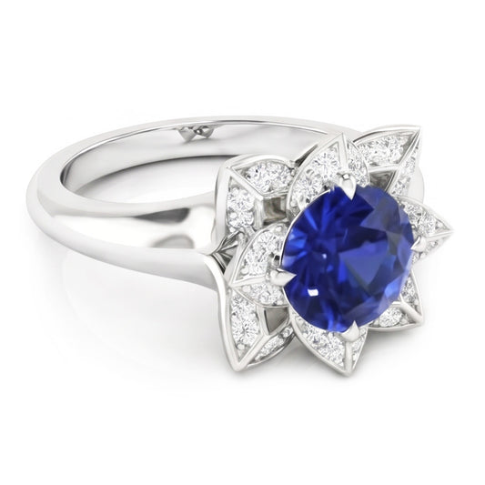 Sri Lanka Saphir & Aus der Erde Abgebauter Natürlicher Diamant Ehering 2,50 Karat Weißgold 14K