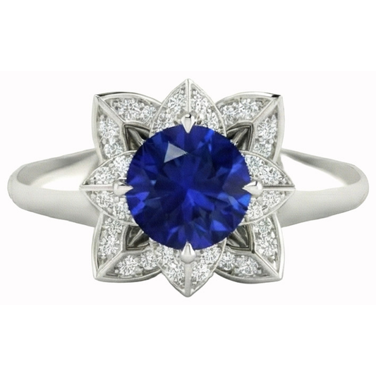 Sri Lanka Saphir & Aus der Erde Abgebauter Natürlicher Diamant Ehering 2,50 Karat Weißgold 14K