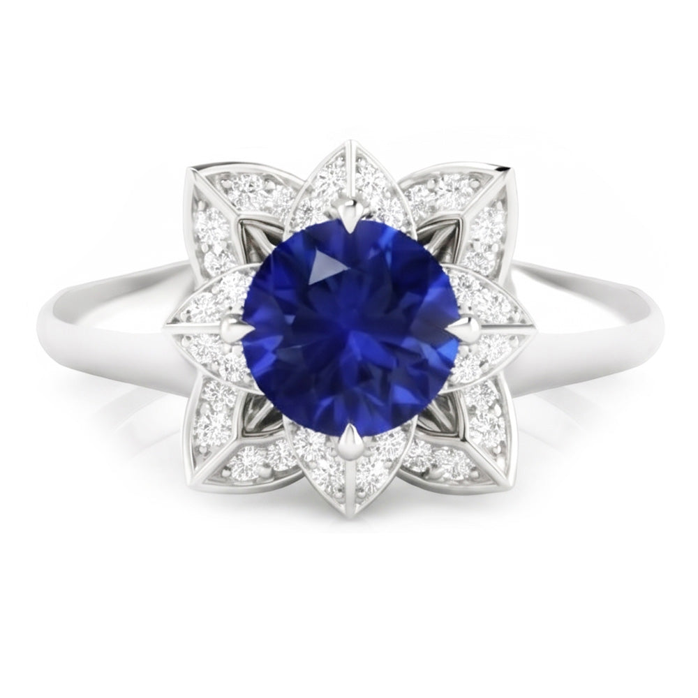 Sri Lanka Saphir & Aus der Erde Abgebauter Natürlicher Diamant Ehering 2,50 Karat Weißgold 14K