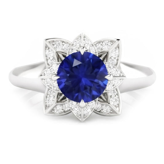 Sri Lanka Saphir & Aus der Erde Abgebauter Natürlicher Diamant Ehering 2,50 Karat Weißgold 14K