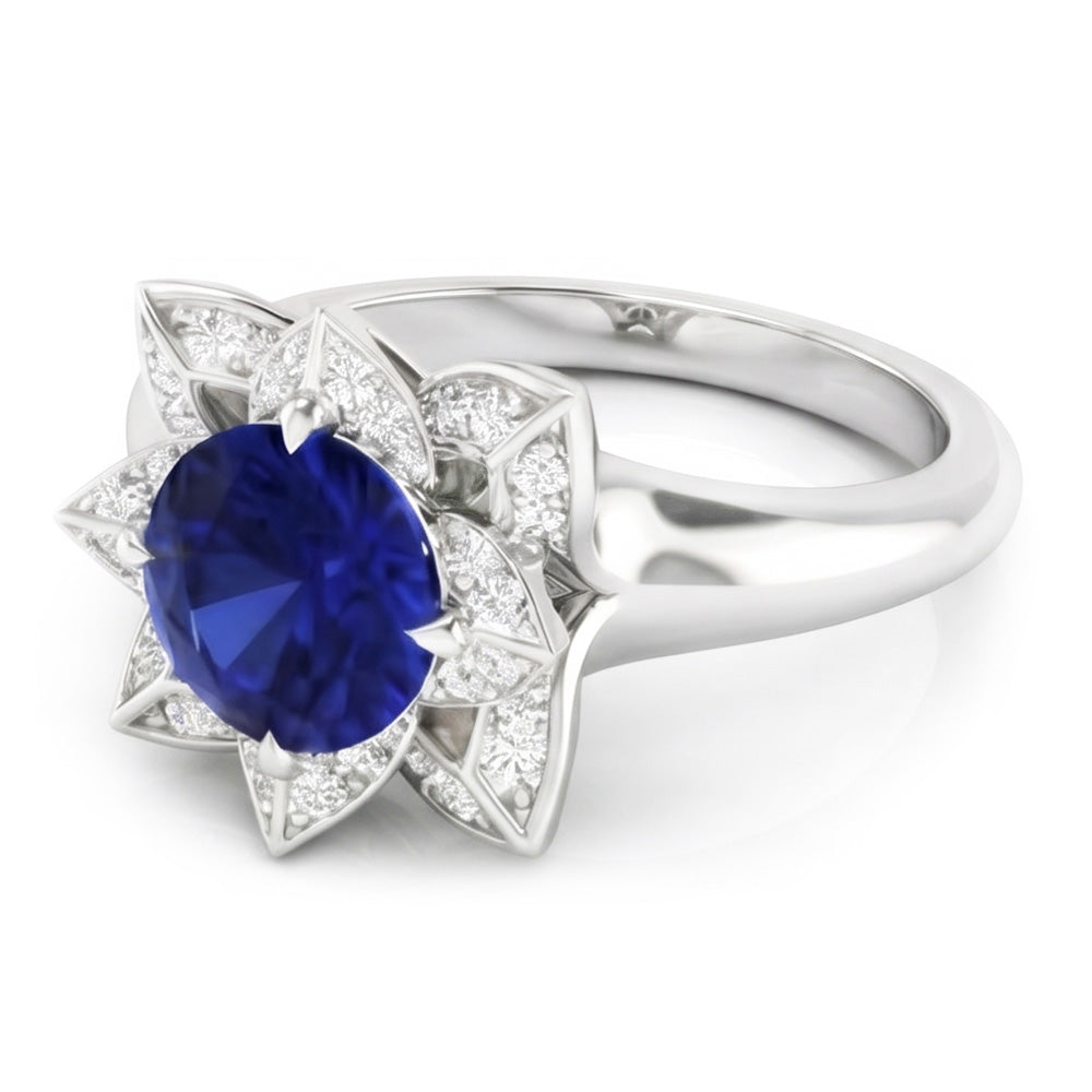 Sri Lanka Saphir & Aus der Erde Abgebauter Natürlicher Diamant Ehering 2,50 Karat Weißgold 14K