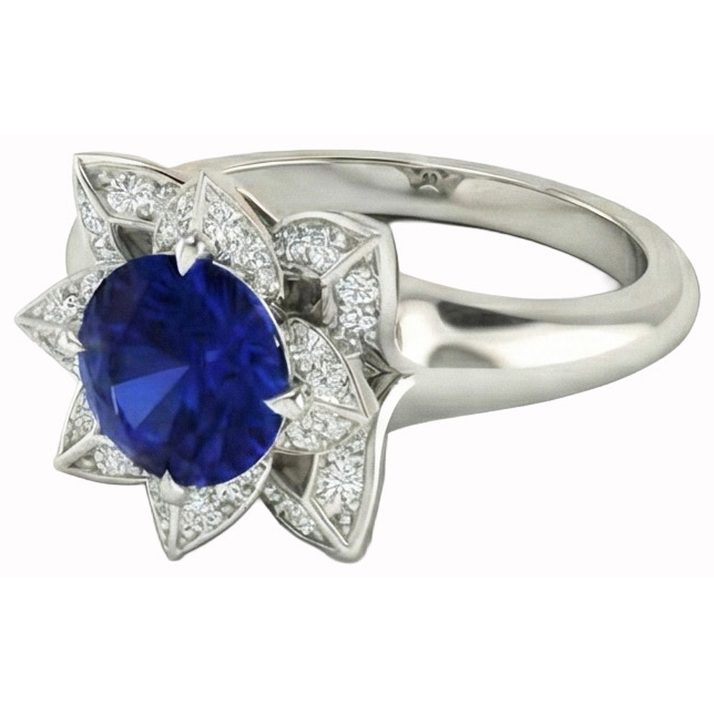 Sri Lanka Saphir & Aus der Erde Abgebauter Natürlicher Diamant Ehering 2,50 Karat Weißgold 14K