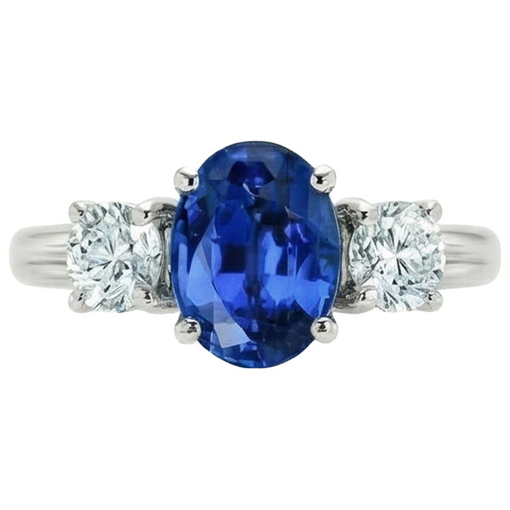 Sri Lanka Saphir mit 3 Steinen und Aus der Erde Abgebauter Natürlicher Diamanten Ring 3 Karat WG 14K