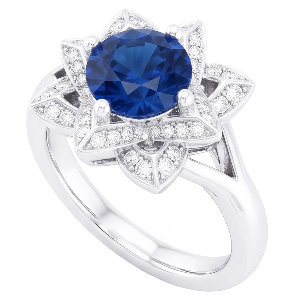 Sri Lanka Saphir mit Aus der Erde Abgebauter Natürlicher Diamanten 3 Karat Blumenring Weißgold 14K