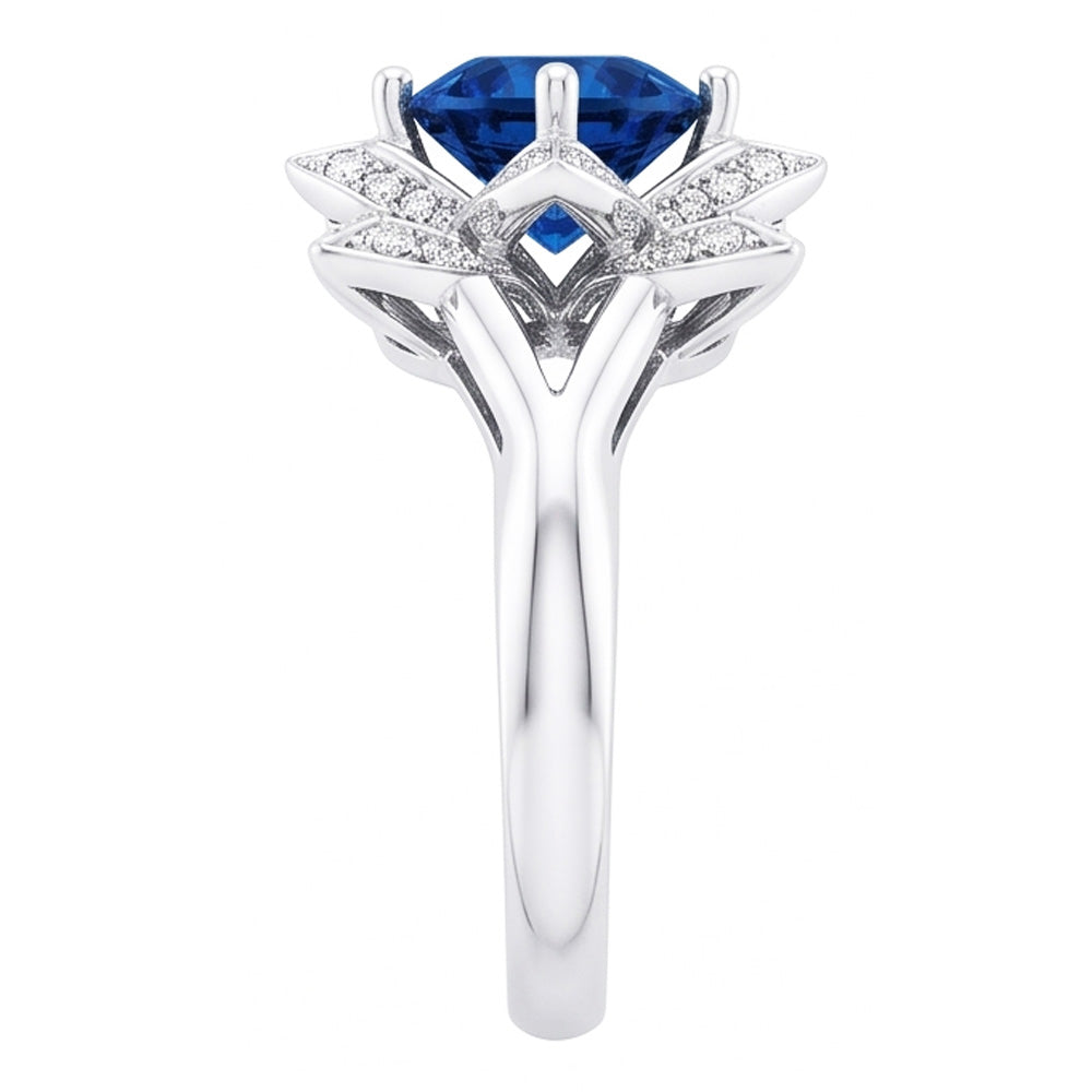 Sri Lanka Saphir mit Aus der Erde Abgebauter Natürlicher Diamanten 3 Karat Blumenring Weißgold 14K