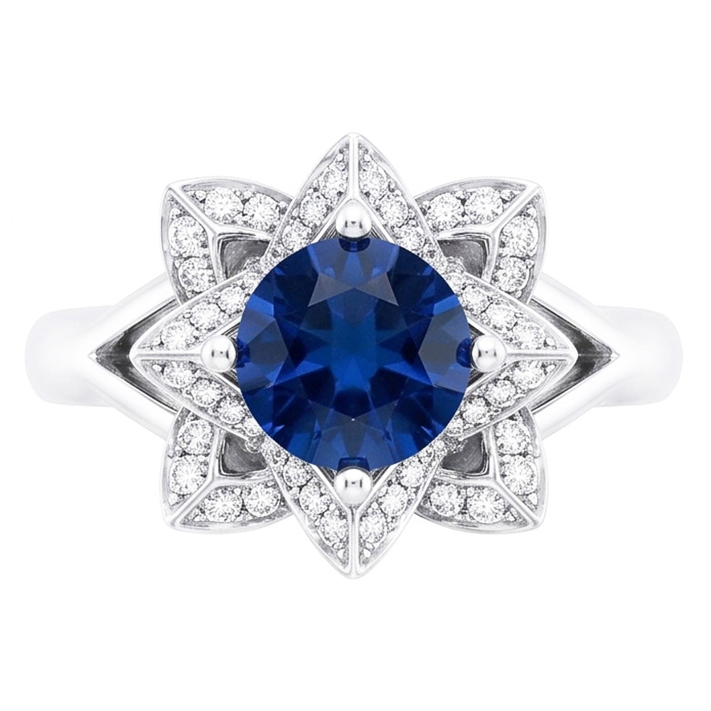 Sri Lanka Saphir mit Aus der Erde Abgebauter Natürlicher Diamanten 3 Karat Blumenring Weißgold 14K