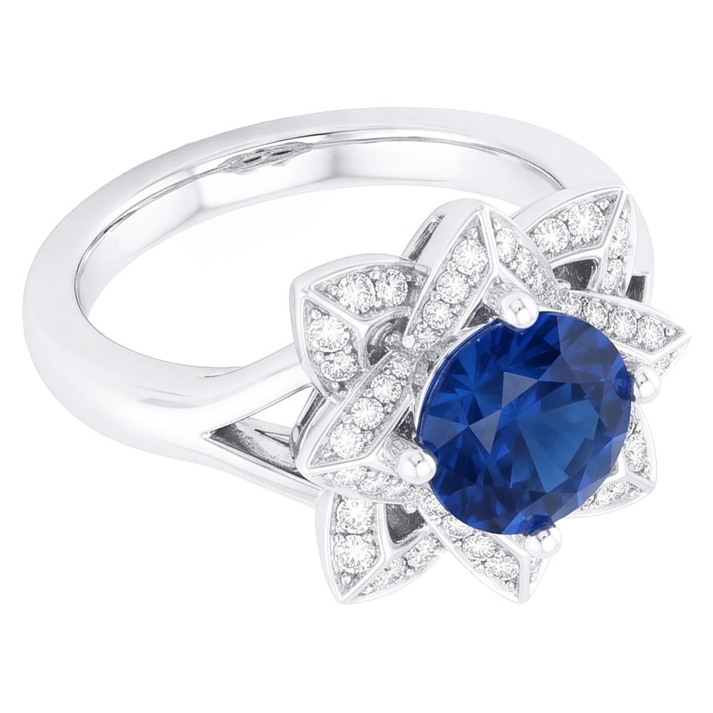 Sri Lanka Saphir mit Aus der Erde Abgebauter Natürlicher Diamanten 3 Karat Blumenring Weißgold 14K