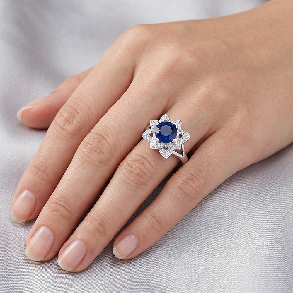 Sri Lanka Saphir mit Aus der Erde Abgebauter Natürlicher Diamanten 3 Karat Blumenring Weißgold 14K