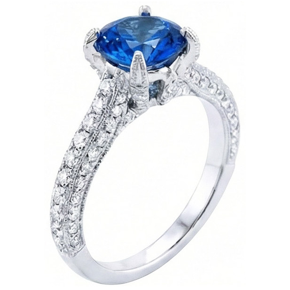 Sri Lanka Saphir mit Aus der Erde Abgebauter Natürlicher Diamanten Rundschliff Ring 4.50 Ct