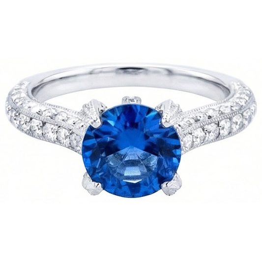 Sri Lanka Saphir mit Aus der Erde Abgebauter Natürlicher Diamanten Rundschliff Ring 4.50 Ct
