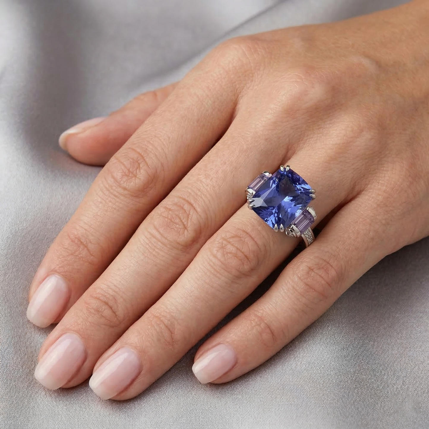 Sri Lanka Saphir Amethyst und Aus der Erde Abgebauter Natürlicher Diamanten 8 Karat Ring 14K Schmuck