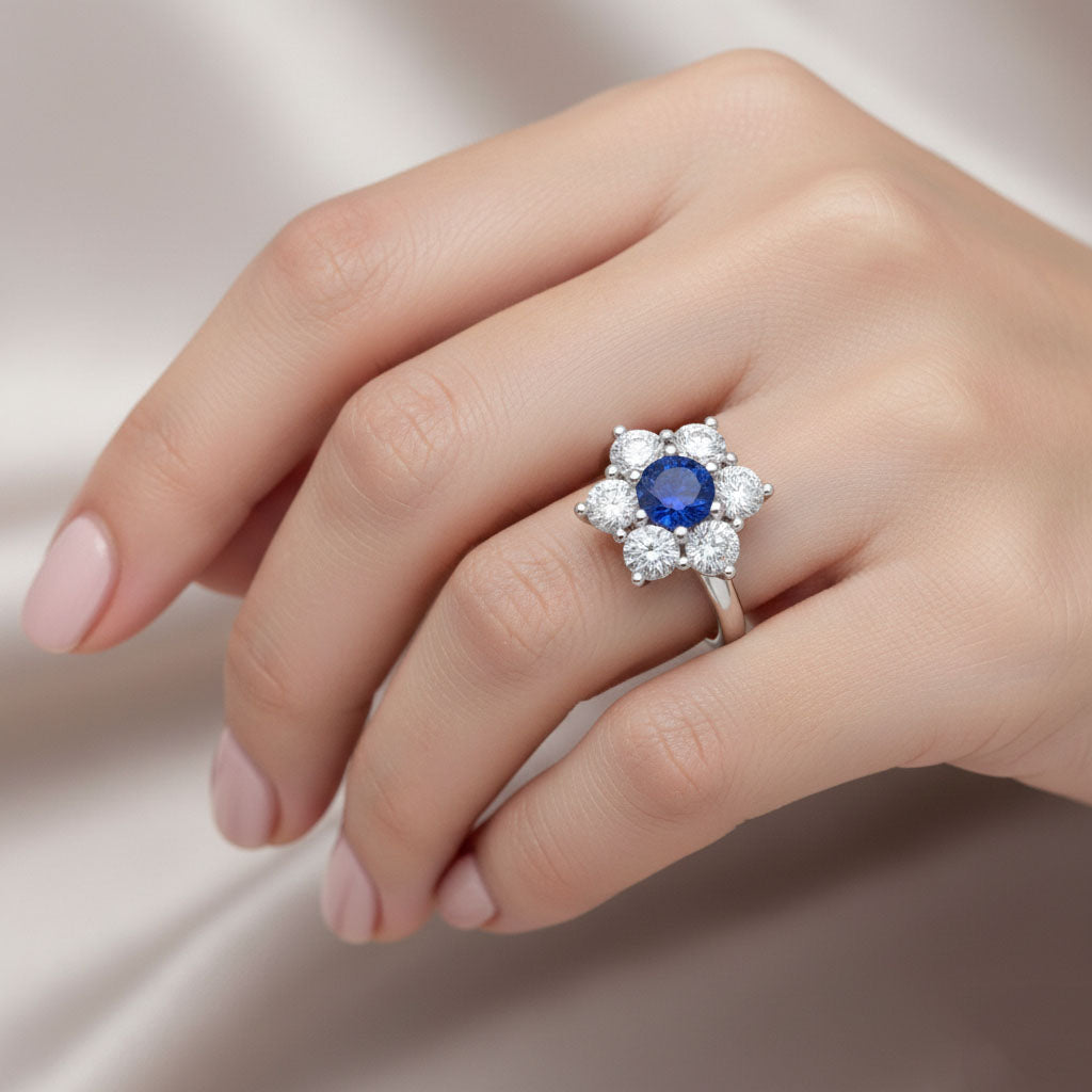 echter round saphir 4Karat ring Dreiviertelansicht
