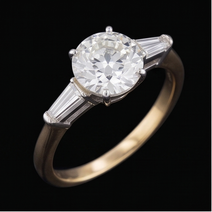Stangenbrot & Runder Altschliff Echt Natürlicher Diamant ( nicht im Labor gezüchtet ) Ring 3 Steine 6 Krappen Satz 2.50 Karat