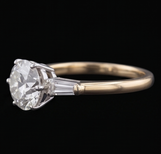 Stangenbrot & Runder Altschliff Echt Natürlicher Diamant ( nicht im Labor gezüchtet ) Ring 3 Steine 6 Krappen Satz 2.50 Karat