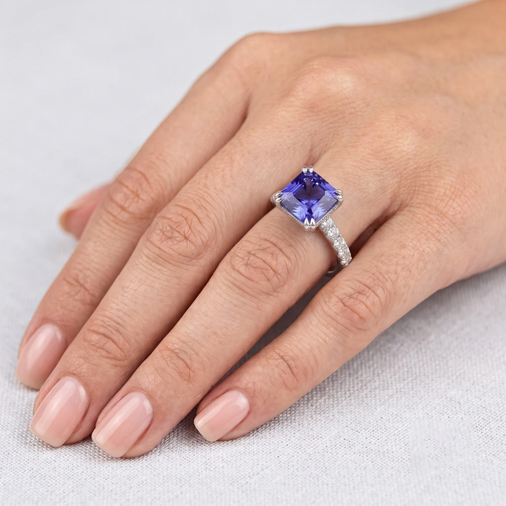 Strahlender Edelstein Blauer Saphir Natürlicher Diamant ( nicht im Labor gezüchtet ) Ring Dreier Krappen Set 3 Karat