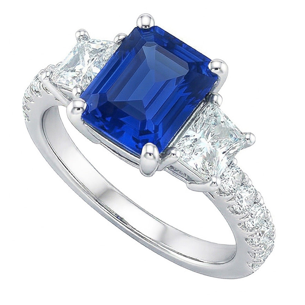 Strahlender Edelstein Saphir Ring Trapez & Runde Natürlicher Diamant ( nicht im Labor gezüchtet )en 3,50 Karat