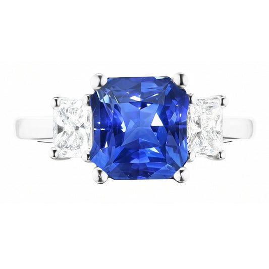 Strahlender Natürlicher Diamant ( nicht im Labor gezüchtet ) & Blauer Saphir Ring 3 Stein Edelstein Schmuck 2 Karat