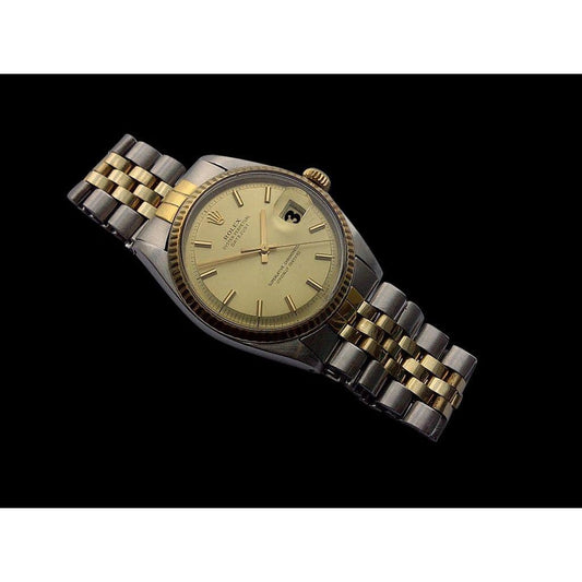 Super saubere Jahrgang-Rolex-Uhr aus massivem Gold und Edelstahl mit 36-mm-Champagner-Pie-Zifferblatt
