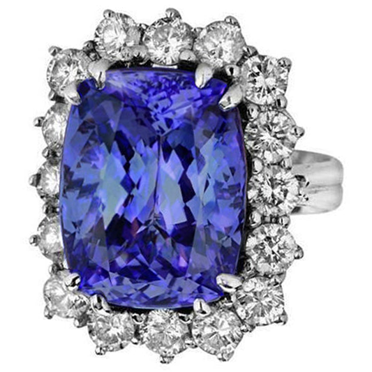Tansanit Kissen und runde Aus der Erde Abgebauter Natürlicher Diamanten 6,50 Karat Halo Ring Edelstein