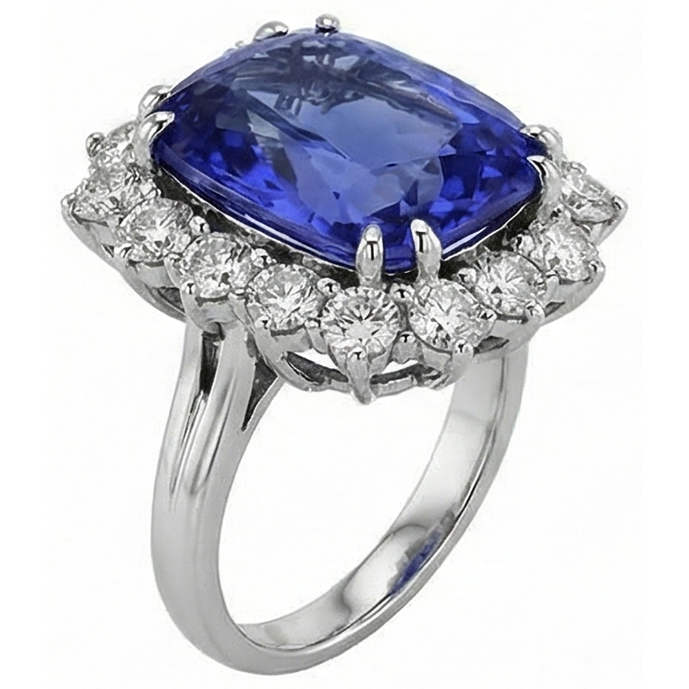 Tansanit Kissen und runde Aus der Erde Abgebauter Natürlicher Diamanten 6,50 Karat Halo Ring Edelstein