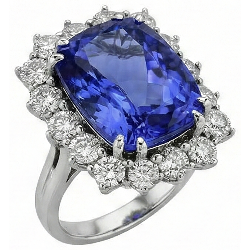 Tansanit Kissen und runde Aus der Erde Abgebauter Natürlicher Diamanten 6,50 Karat Halo Ring Edelstein