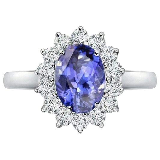 Tansanit im Blumenstil mit Aus der Erde Abgebauter Natürlicher Diamanten 6,50 Karat Ring Weißgold 14K