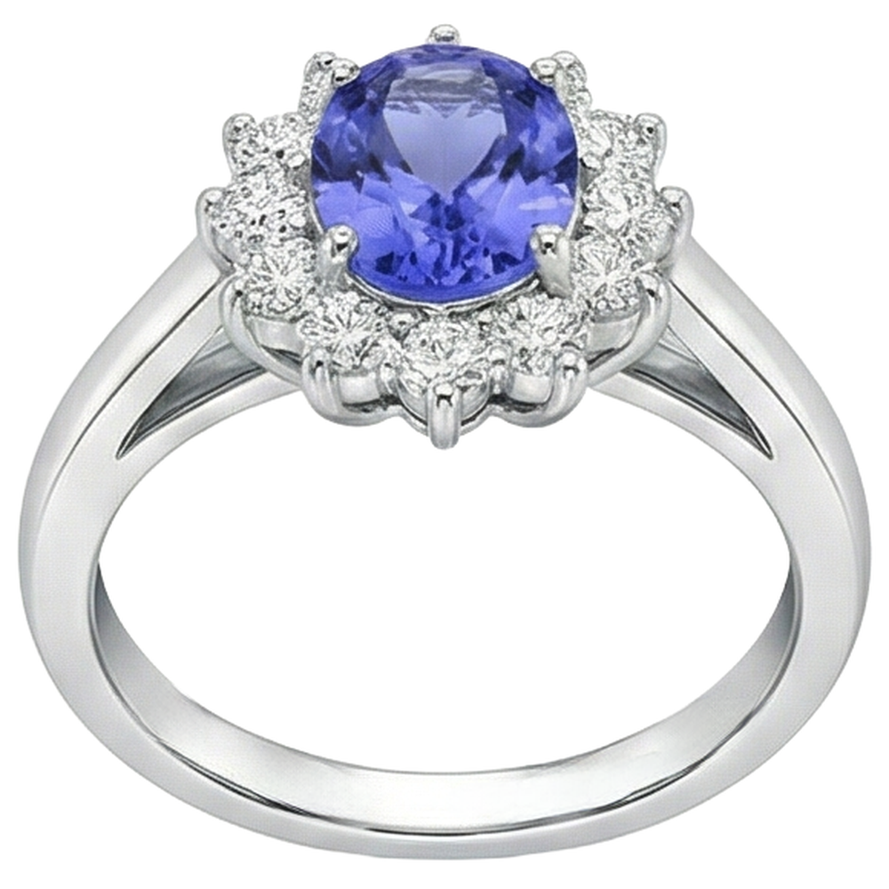 Tansanit im Blumenstil mit Aus der Erde Abgebauter Natürlicher Diamanten 6,50 Karat Ring Weißgold 14K