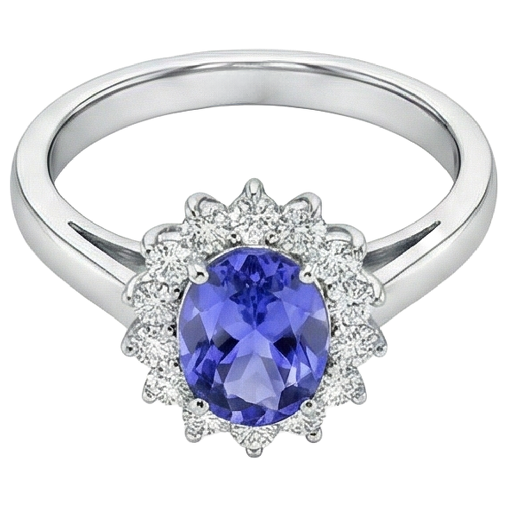 Tansanit im Blumenstil mit Aus der Erde Abgebauter Natürlicher Diamanten 6,50 Karat Ring Weißgold 14K