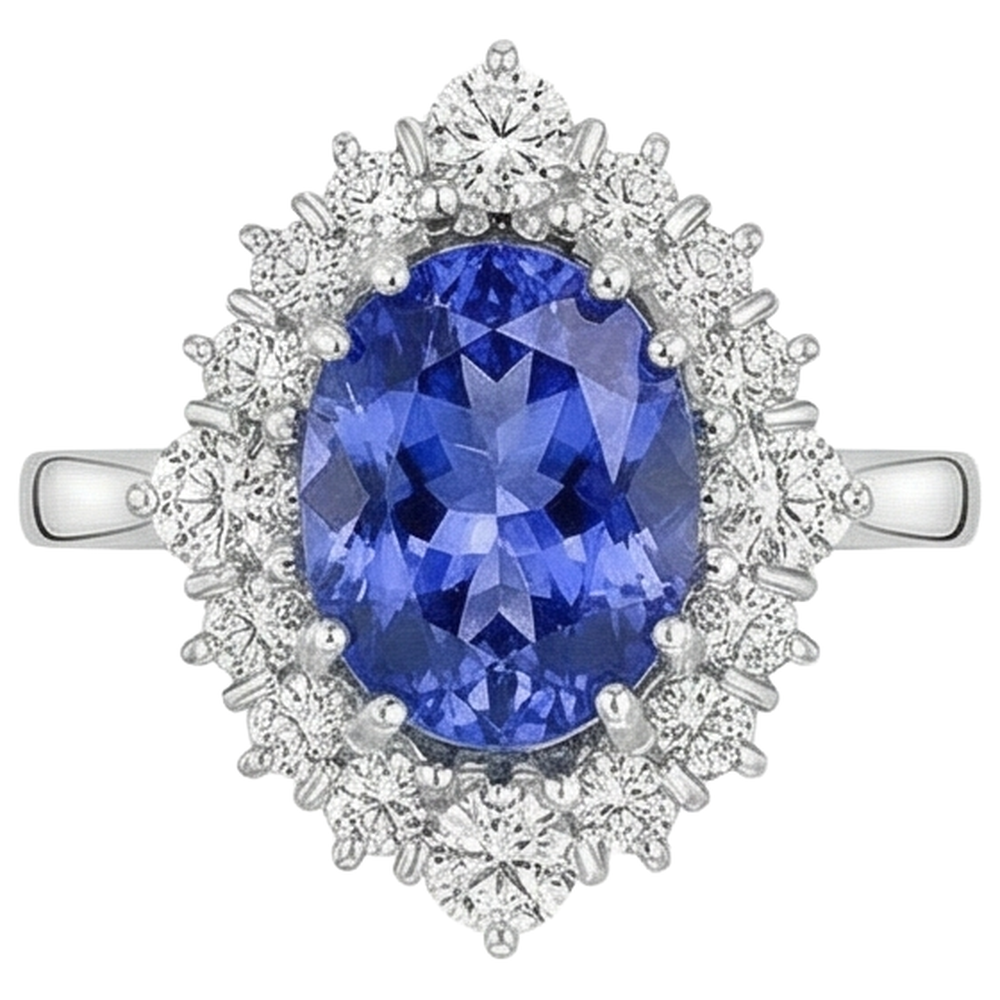 Tansanit im Ovalschliff mit runden Aus der Erde Abgebauter Natürlicher Diamanten 5,20 ct Ring Weißgold 14K