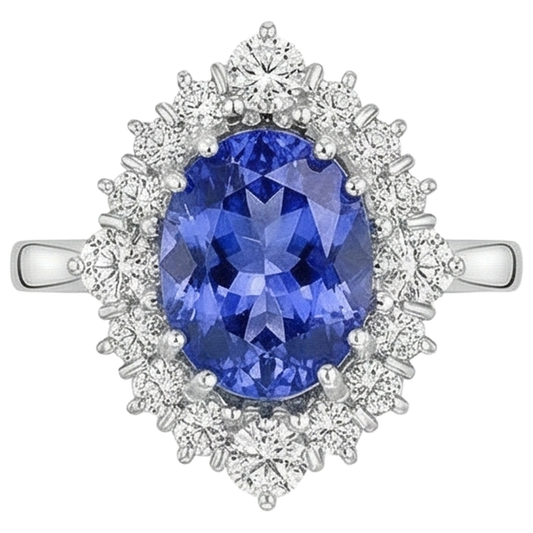 Tansanit im Ovalschliff mit runden Aus der Erde Abgebauter Natürlicher Diamanten 5,20 ct Ring Weißgold 14K