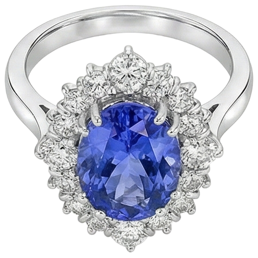 Tansanit im Ovalschliff mit runden Aus der Erde Abgebauter Natürlicher Diamanten 5,20 ct Ring Weißgold 14K