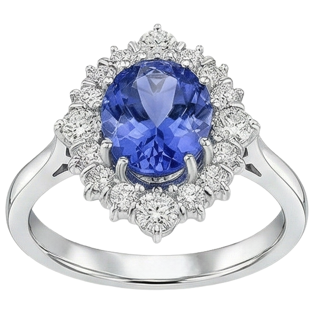 Tansanit im Ovalschliff mit runden Aus der Erde Abgebauter Natürlicher Diamanten 5,20 ct Ring Weißgold 14K