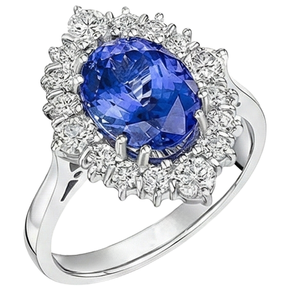 Tansanit im Ovalschliff mit runden Aus der Erde Abgebauter Natürlicher Diamanten 5,20 ct Ring Weißgold 14K