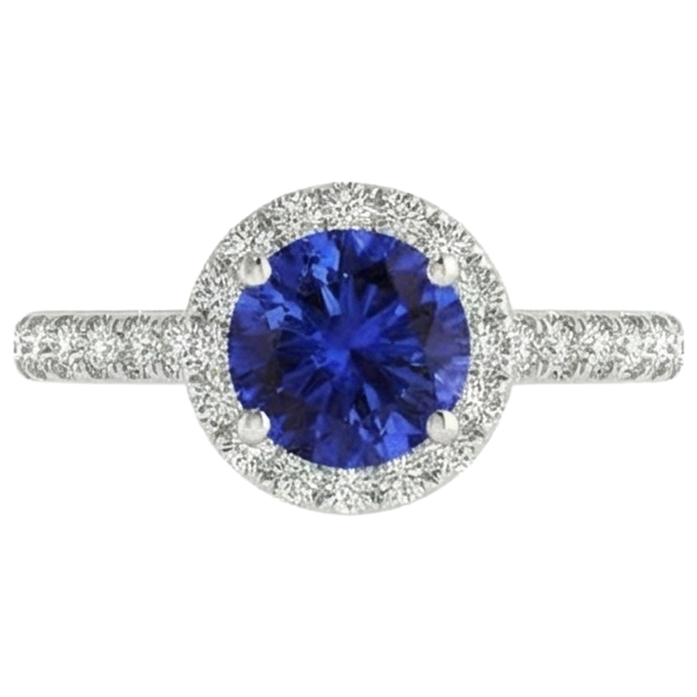Tansanit und Aus der Erde Abgebauter Natürlicher Diamanten im Rundschliff 11 Kt Ring Weißgold 14K