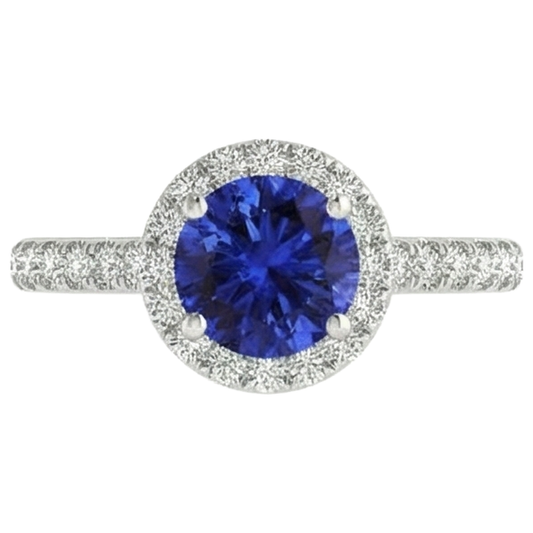 Tansanit und Aus der Erde Abgebauter Natürlicher Diamanten im Rundschliff 11 Kt Ring Weißgold 14K