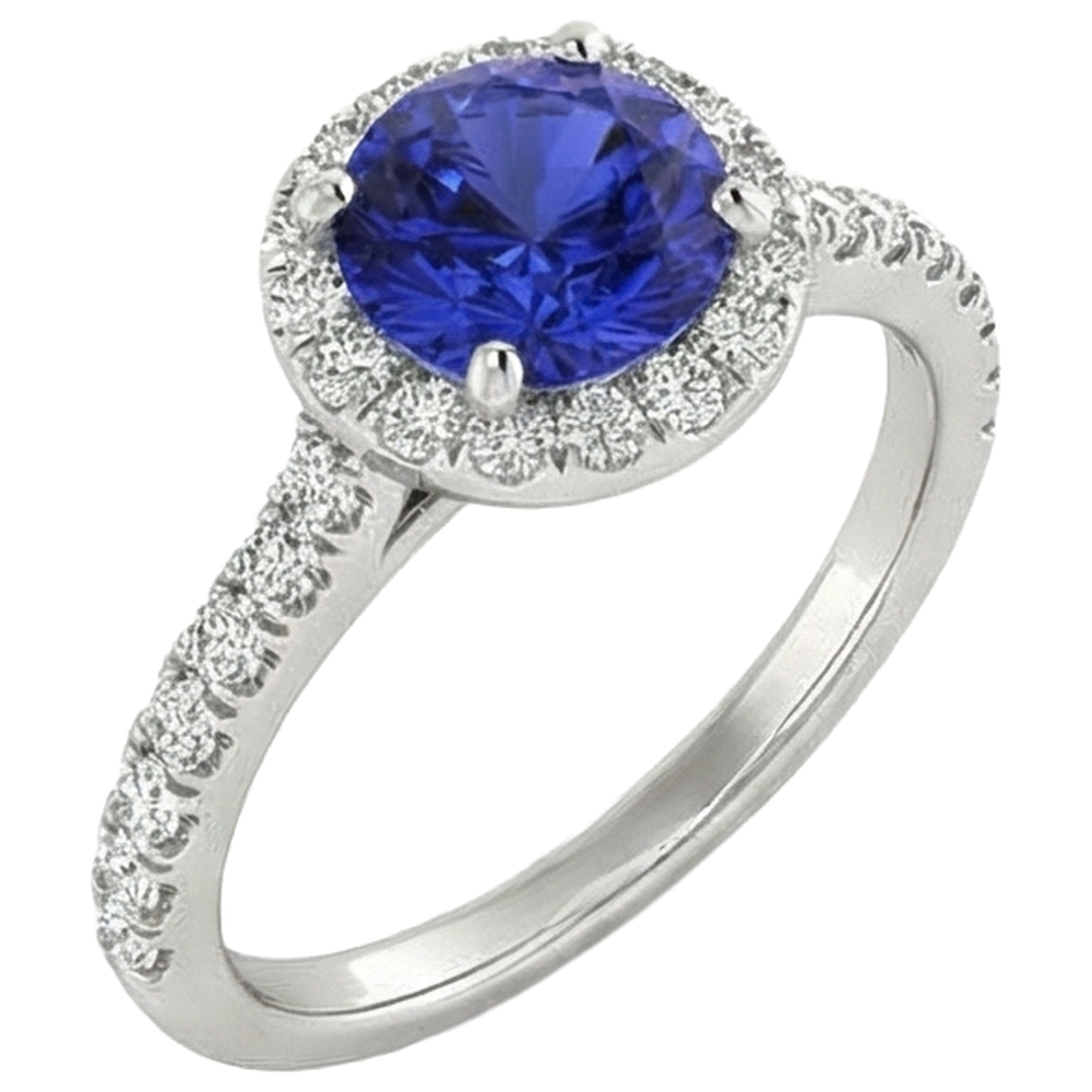 Tansanit und Aus der Erde Abgebauter Natürlicher Diamanten im Rundschliff 11 Kt Ring Weißgold 14K