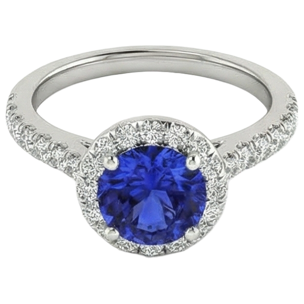 Tansanit und Aus der Erde Abgebauter Natürlicher Diamanten im Rundschliff 11 Kt Ring Weißgold 14K