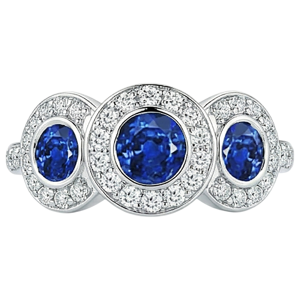 Tansanit und runde Aus der Erde Abgebauter Natürlicher Diamanten 4,50 Karat Ring 3-Stein-Stil Gold 14K